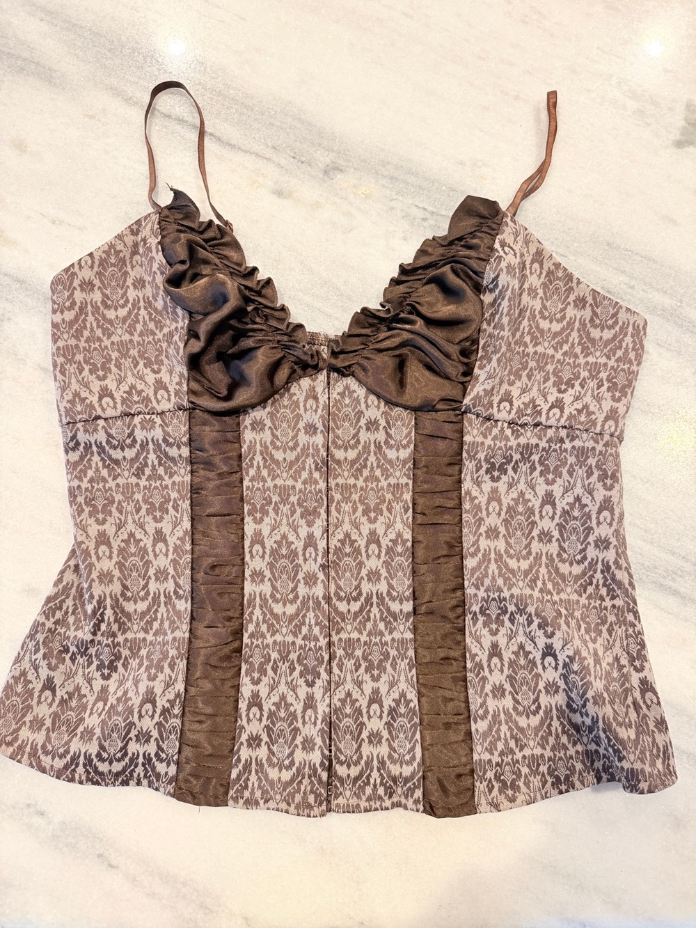 Y2K Brown Ruched Satin Trim Fitted Cami w/ Hook & Eye Front Closure